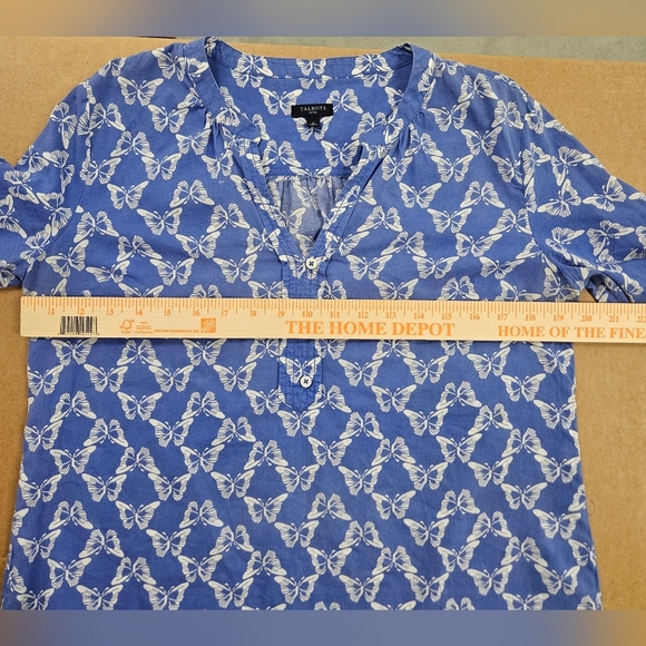 TALBOTS Petite Butterfly Print Cotton Tunic Blouse Shirt Size Small Blue White - Picture 9 of 12